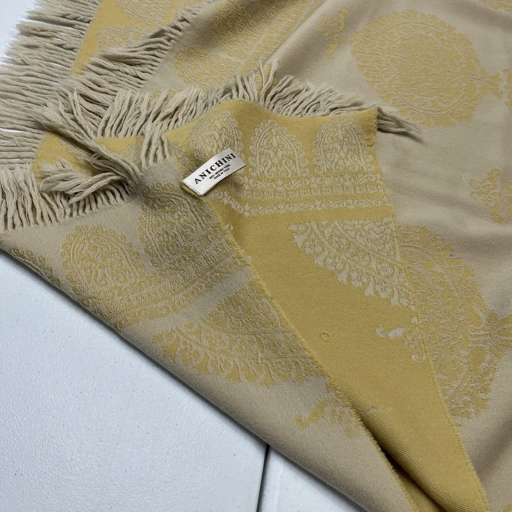 Anichini 100% Merino Wool Blank Throw Golden Yellow Scroll Fringe 67x58